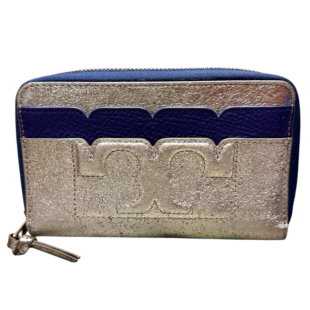 Tory Burch Metallic Silver and Blue Leather Wallet Phone Case
